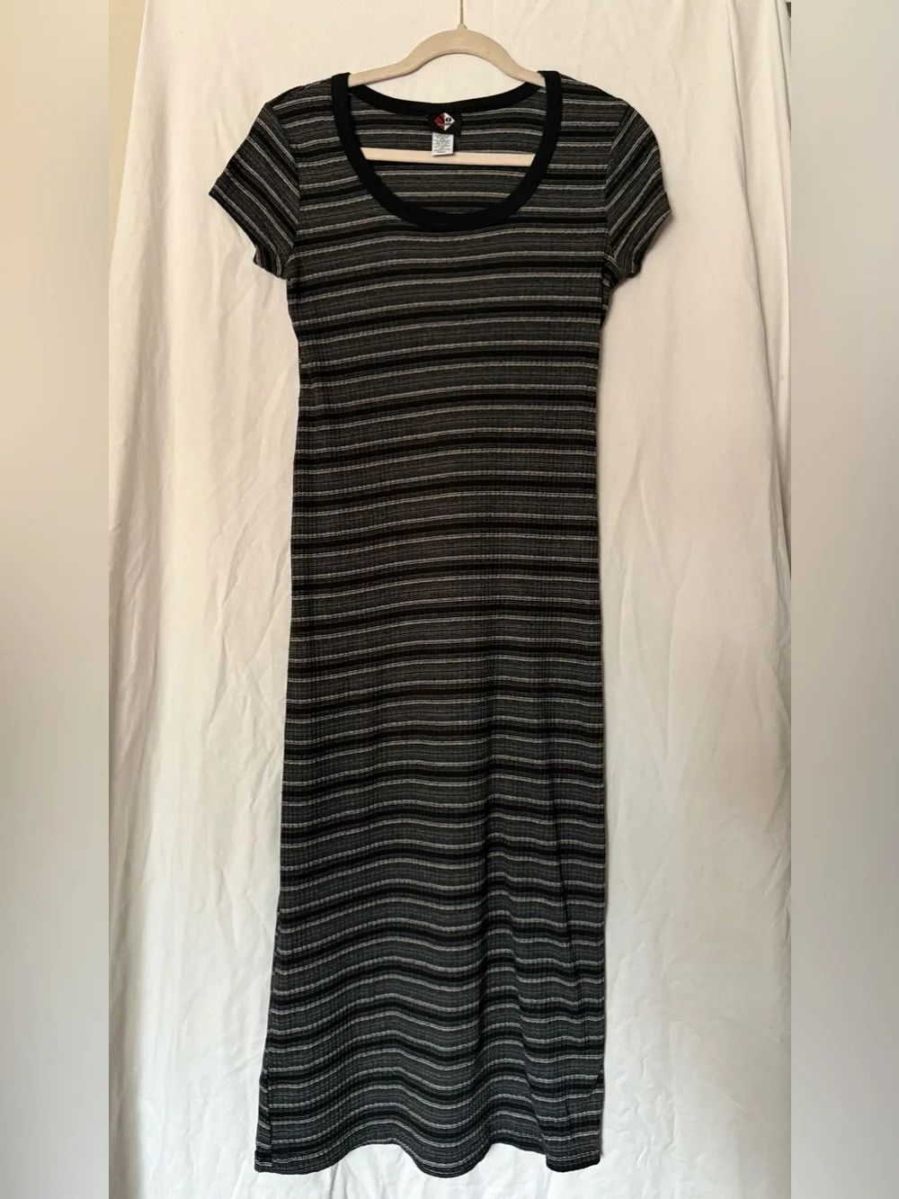Vintage 90s No Boundaries Grunge Black and Gray Striped Short Sleeve Maxi Dress